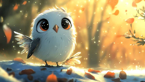 Adorable Fluffy Owl in Autumn Forest, Digital Art Illustration.