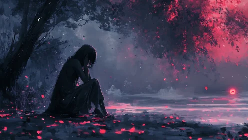 Solitary figure by lakeside at red twilight sunset scene.