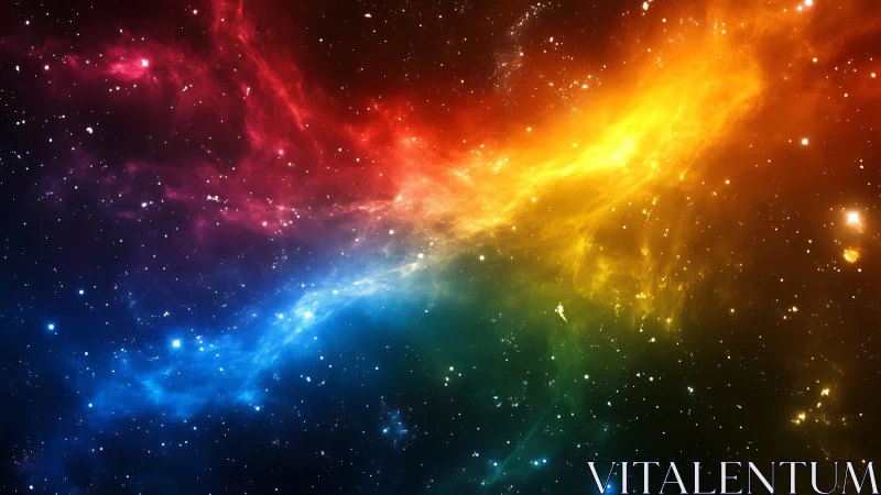 Spectrum nebula arc in deep space with radiant color bands.