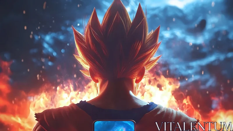 Spiky haired warrior backlit by flames and cool sky.