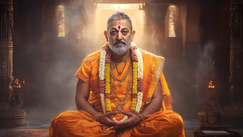 Meditative Hindu guru in orange robes inside temple interior.