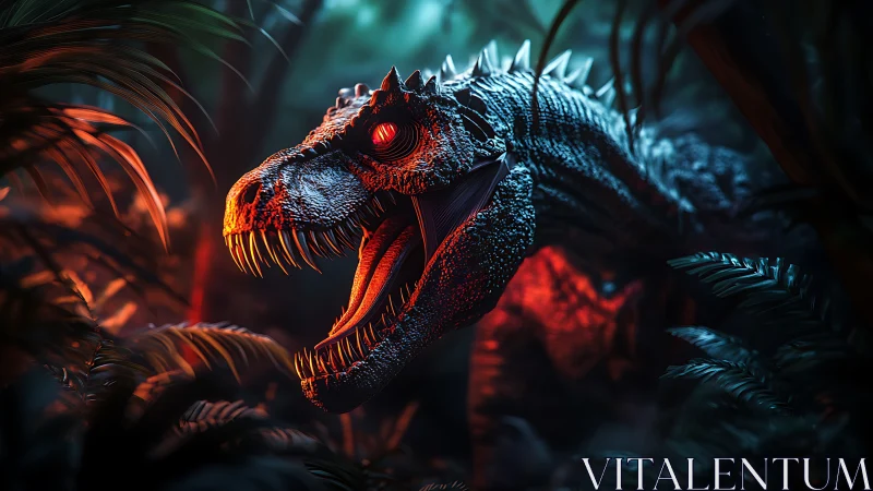 Predatory dinosaur roars through neon-lit primal jungle night