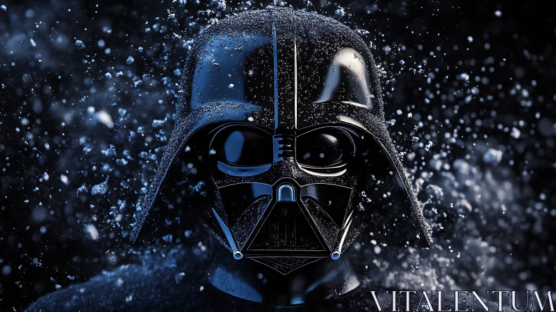 Highly polished black helmet rendered with explosive particle burst