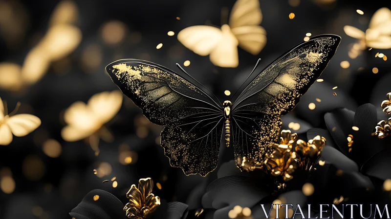 Black and gold butterfly swarm over abstract floral field.