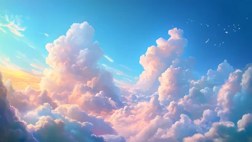 Colorful cumulus cloudscape under bright blue sky.