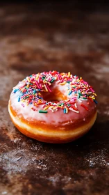 Pink glazed donut with sprinkles rests on rustic surface.
