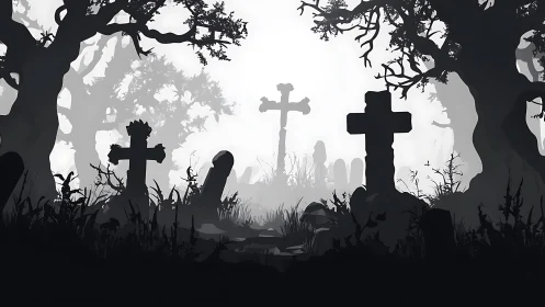 Fogbound graveyard silhouettes in whispering grayscale hush.