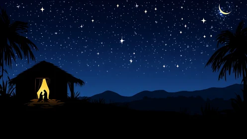 Nativity silhouettes glow beneath a serene starlit sky.