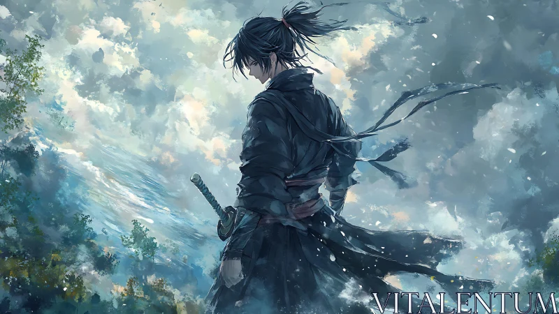 Stormlit ronin overlooking misty valley in painterly blues.