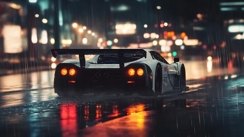 Turbo race car slices through neon drenched city rain