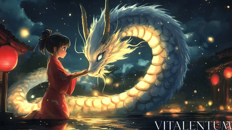 Lanternlit girl greeting a luminous river dragon spirit.