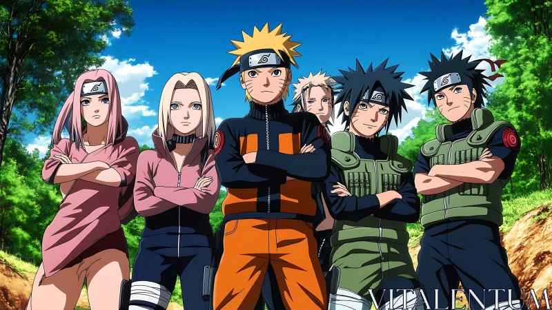 Group of anime ninjas standing outdoors in formation