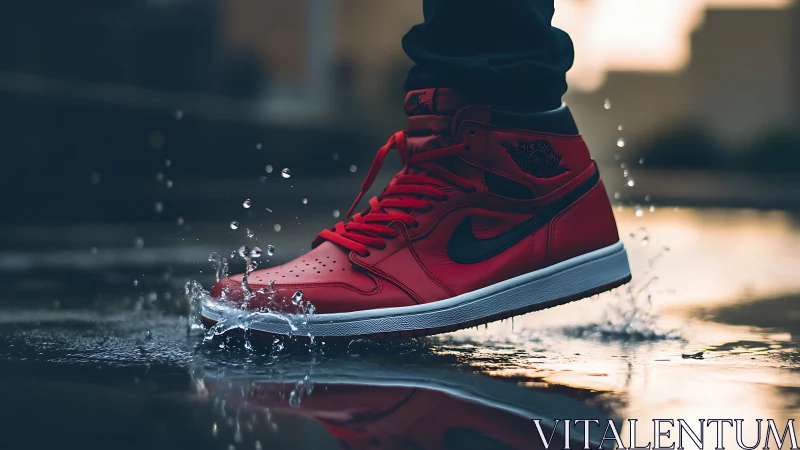 Red sneaker skips through puddle like a small urban comet