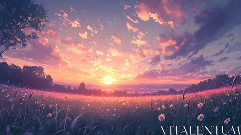 Sunset-illuminated wildflower meadow under volumetric cloud field