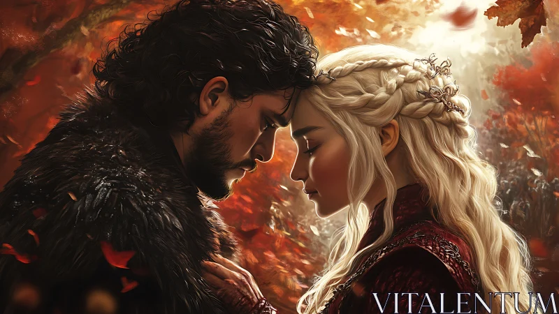 Intimate Medieval Embrace Against Apocalyptic Flames