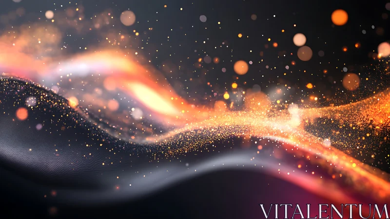 Glowing orange particles swirl above dark abstract waves.