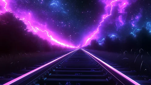 Railway tracks extend toward neon violet storm sky horizon