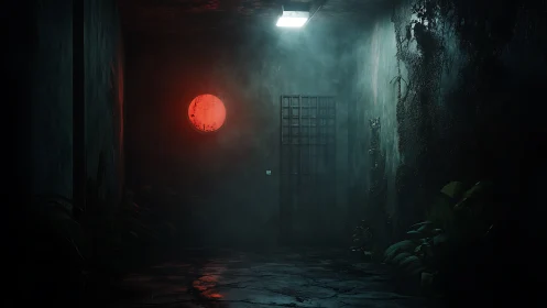 Red moonlight glows through misty corridor toward metal gate