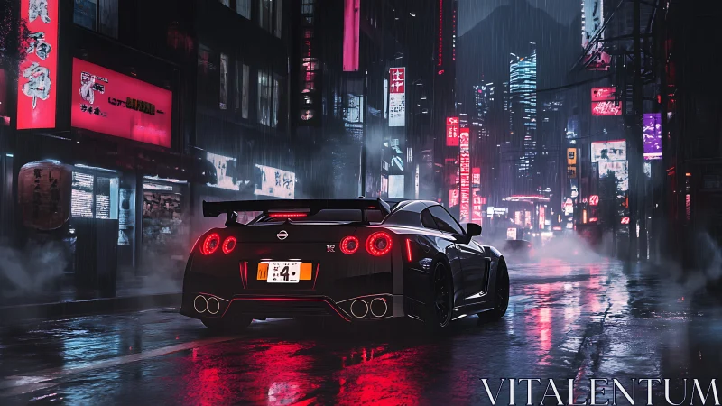 Nissan GT-R idles under neon rain in futuristic Tokyo street