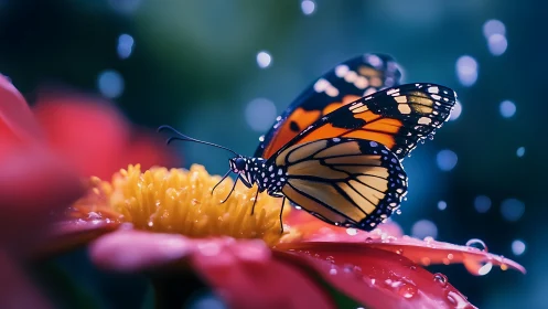 Rainlit monarch alights on fire-bright blossom in bloom.
