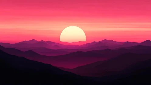 Vibrant digital sunset sinks behind layered violet mountains