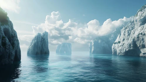 Coastal karst seascape under volumetric clouds and diffuse light.