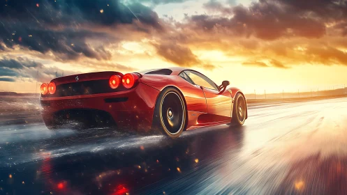 Red sports car on wet track under dramatic sunset sky.