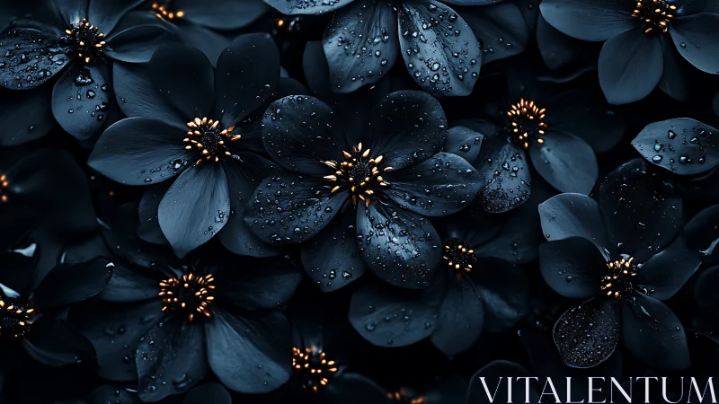 Dark blue petals with aureate stamens showcase volumetric water droplets and submicron surface detai