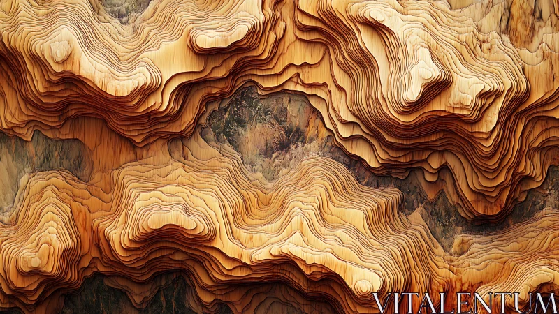 Layered abstract terrain in warm carved wood tones.