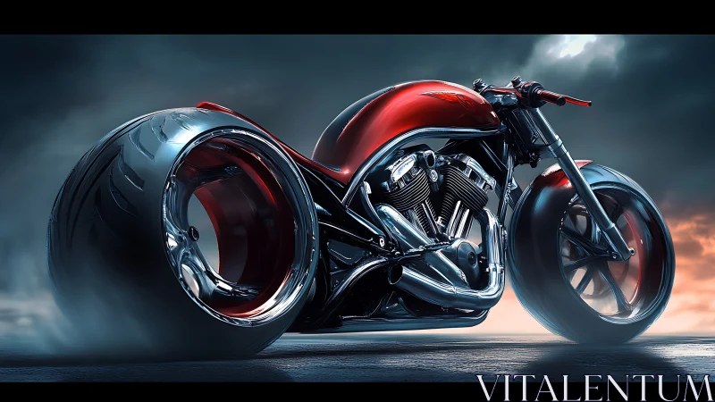 Low-slung red concept motorcycle with oversized slick tires