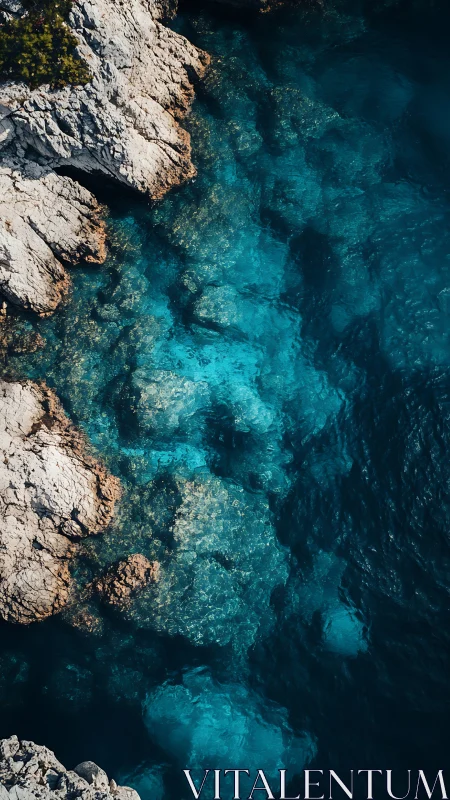 Rocky coast meets clear turquoise sea in vertical aerial view