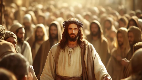 Central robed figure with crown in dense historical crowd.