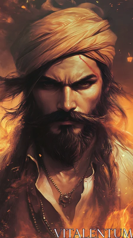 Warrior portrait framed by swirling fire and embers