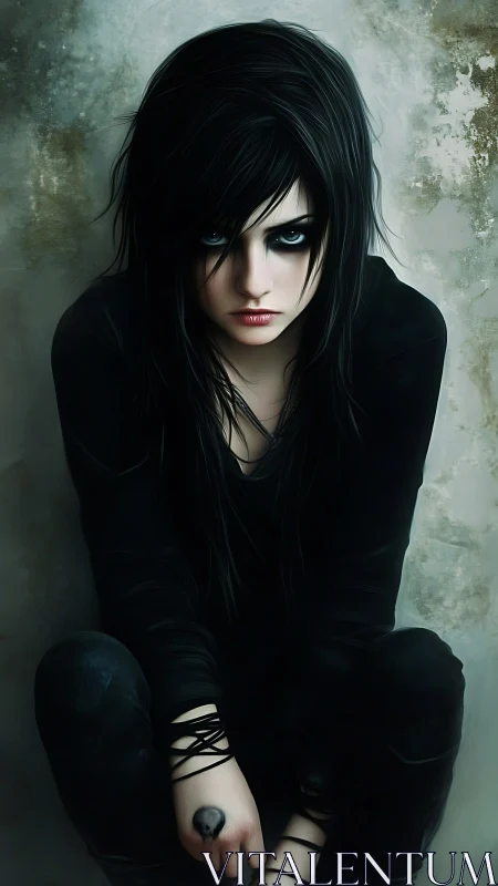 Gothic emo girl in black clothing, seated against textured wall