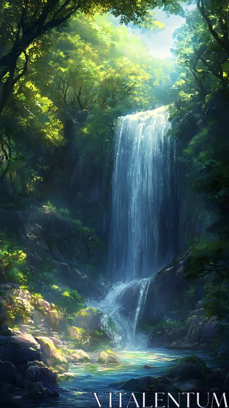 Luminous Forest Waterfall Cascading Through Verdant Canopy.
