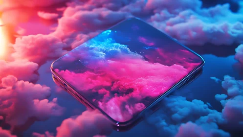 Glassy dream-phone floats through neon cotton candy clouds