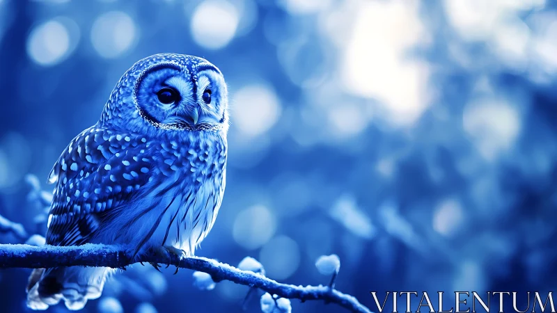Majestic owl perched on snowy branch, glowing blue bokeh background.