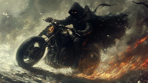 Hooded fire-rider tears through storm-lit, smoldering night