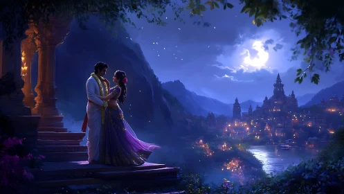Moonlit riverside couple in traditional Indian attire.