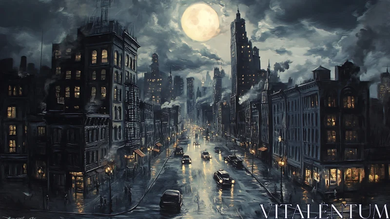 Moonlit wet city street with dense buildings and traffic
