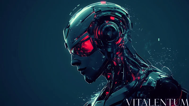 Cybernetic android profile with glowing red circuitry.