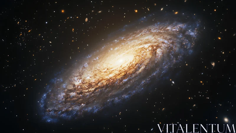 Spiral galaxy in deep space with bright central core viewed edge-on.