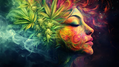 Psychedelic cannabis muse with swirling chromatic facial filigree.