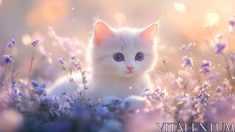 White cat with blue eyes in flower field.