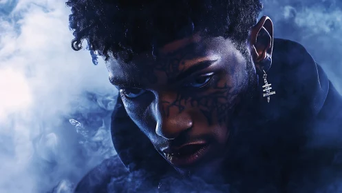 Moody portrait frames tattooed face in swirling blue smoke