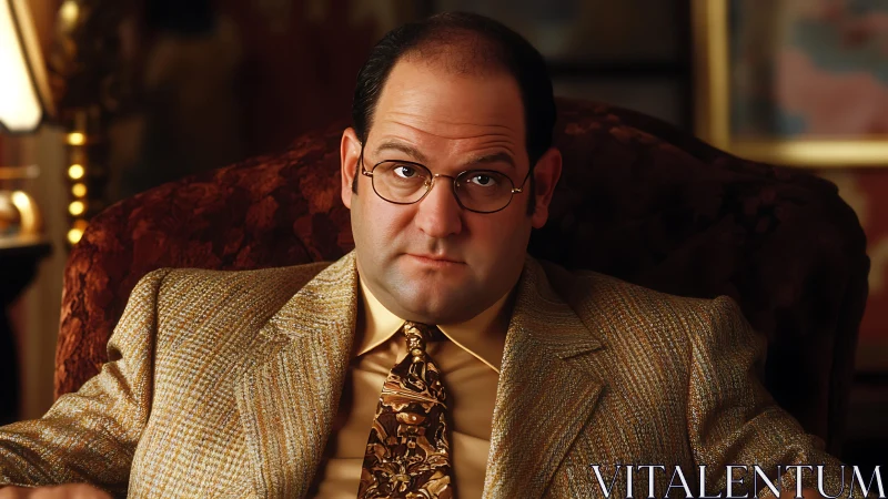 Meticulous portrait of suited man in gilded interior lighting.