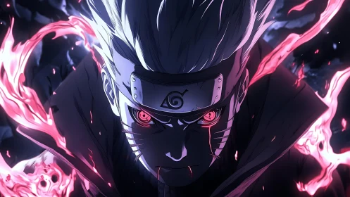 Intense anime warrior with glowing red aura in darkness.