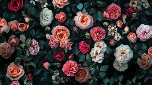 Digital painting of dense rose wall with dramatic chiaroscuro.