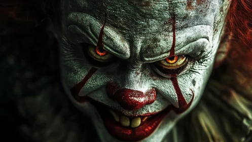 Predatory carnival clown glares with feral, burning eyes.