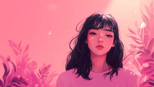 Soft-lit pink portrait amid dreamy botanical glow.